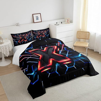 Manfei Geometric Honeycomb Kids Comforter Set Queen Size,Blue Neon Hexagon Abstract Bedding Set for Boys Girls Man Room Decor,Light Gaming Fashion Down Comforter,Red Black Duvet Insert,2 Pillowcases