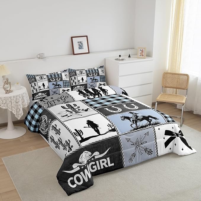 Western Cowgirl Girly Comforter Set King Size,Cactus Horseshoe Cow Skull Bow Bedding Set,Girls Women Room Decor,Cowgirl Boot Geometric Plaids Down Comforter,Blue Rustic Duvet Insert,2 Pillowcases