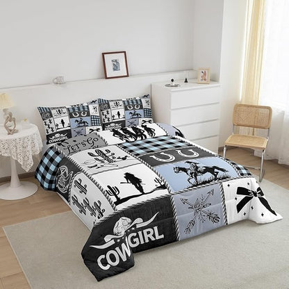 Western Cowgirl Girly Comforter Set Full Size,Cactus Horseshoe Cow Skull Bow Bedding Set,Girls Women Room Decor,Cowgirl Boot Geometric Plaids Down Comforter,Blue Rustic Duvet Insert,2 Pillowcases