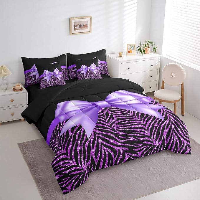 Feelyou Purple Bowknot 7 Piece Bedding Set Full Size Glitter Print Comforter Set with Sheets for Kids Girls Adult Cute Bowknot Bed in a Bag Black Silver Bed Set