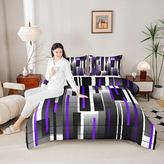 Castle Fairy Teens Black Purple Abstract Comforter Set Queen Size,Modern Bedding Set for Kids Boys Girls Bedroom Decoration,Stripes Art Bed Duvet Insert,Square Grid Comforter with 2 Pillowcases