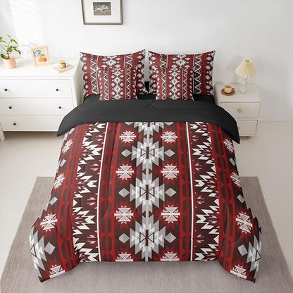 Erosebridal Western Aztec Bedding Set Twin 7 Piece Rustic Southwestern Tribal Comforter Set Bohemian Geometric Vintage Bed in A Bag Boho Tribal Farmhouse Style Quilt with Flat Fitted Sheet