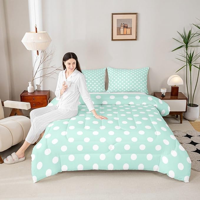 Manfei Polka Dots Comforter Set,Modern Geometric Circles Abstract Simple Art Bedding Set for Kids Teens Bedroom,Cartoon French Style Dots Green White Quilt Set 2 Pcs with 1 Pillowcase,Twin