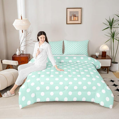 Manfei Polka Dots Comforter Set,Modern Geometric Circles Abstract Simple Art Bedding Set for Kids Teens Bedroom,Cartoon French Style Dots Green White Quilt Set 2 Pcs with 1 Pillowcase,Twin