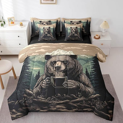Erosebridal Funny Bear Comforter Sets with Sheets, Brown Bear Drinking Coffee Bedding Set Twin for Boys Girls Rustic Wildlife 7Pcs Bed in A Bag Watercolor Wooden Animal Theme Bed Set