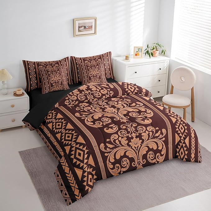 Comforter Set King Size, Burnt Sienna Aztec Damask 7 Pcs Bedding for Kids Adults, Victorian Decor Western Baroque Goth Bed Sheet Sets with Fitted Sheet 2 Pillowcases & 2 Shams for Bedroom Bed Decor