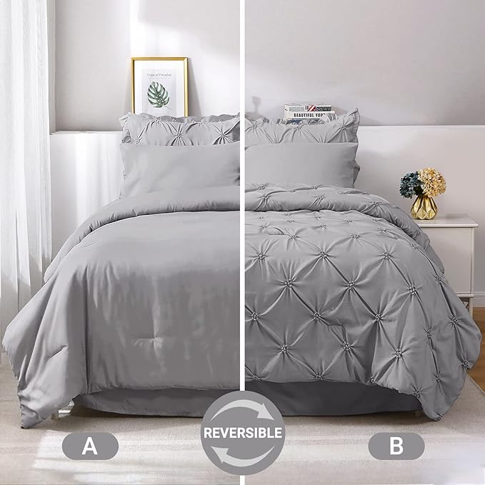 JOLLYVOGUE Gray Bed in a Bag Comforter Set for Bedroom, Pintuck Full Size Comforter Sets 7 Pieces,Beddding Sets with Comforter, Sheets,Ruffled Shams & Pillowcases