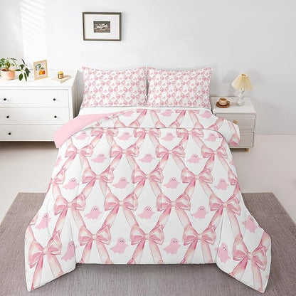 Erosebridal Pink Bow Kids Comforter Sets,Kwaii Bowknot Ribbon Qeen Bedding Set for Girls,Cute Ghost Print Down Comforter Geometric Check Bow Tie Bed Set Room Decor 3 Pcs