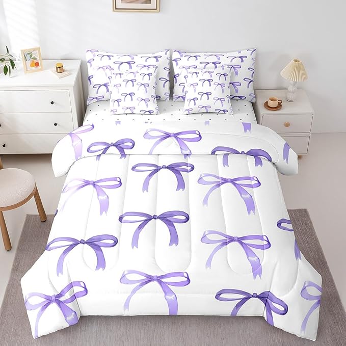 Feelyou Bow Bedding Set for All Season Boys Girls Queen Size Purple Girls Bow 7 Pieces Comforter Sets for Kids Women Men Cute Bowknot Bed in a Bag with Comforter, Sheets, Pillowcases & Cushion Cover