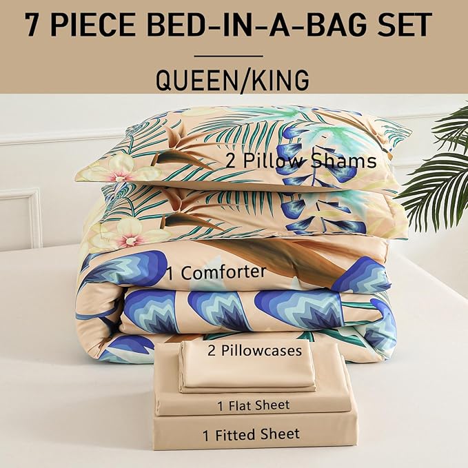 Yogeneg 7 Piece Bed in a Bag King Size Comforter Set Khaki Bedding Set,Yellow Floral Green Leaves Pattern Reversible Design,Soft Microfiber Comforter with Sheet Set,All Season(Khaki,King)