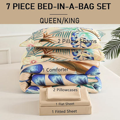 Yogeneg 7 Piece Bed in a Bag King Size Comforter Set Khaki Bedding Set,Yellow Floral Green Leaves Pattern Reversible Design,Soft Microfiber Comforter with Sheet Set,All Season(Khaki,King)