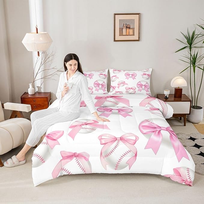 Baseball Bowknot Comforter Set Full Size,Baseball Sport Games Bedding Sets 3Pcs for Kids Girls Boys Women Room Decor,Pink Bow Tie Print Down Comforter Sweet Modern Quilted Duvet,2 Pillowcases