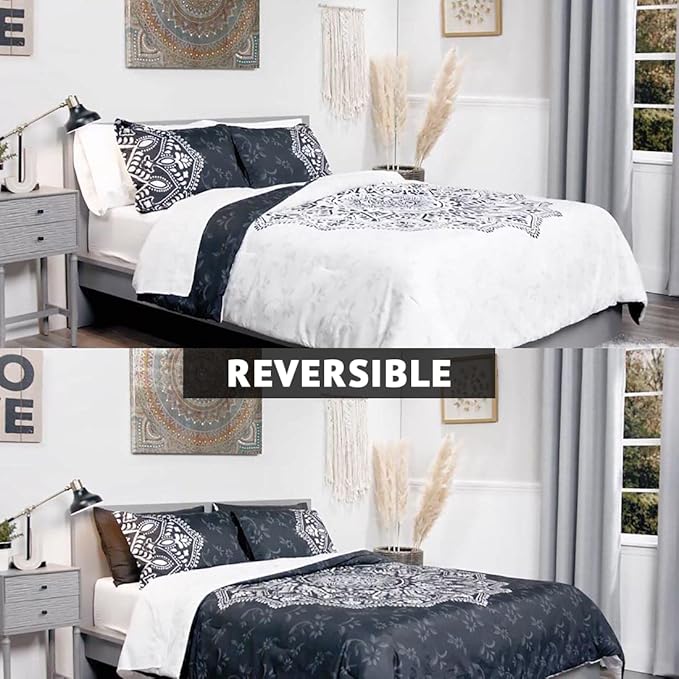 Comfort Spaces Bed in A Bag - Trendy Casual Design Cozy Comforter with Complete Sheet Set with Side Pocket, All Season Cover, Matching Shams, Twin XL (66 in x 90 in), Ava Medallion Black 6 Piece