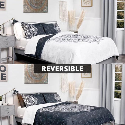 Comfort Spaces Bed in A Bag - Trendy Casual Design Cozy Comforter with Complete Sheet Set with Side Pocket, All Season Cover, Matching Shams, Twin XL (66 in x 90 in), Ava Medallion Black 6 Piece