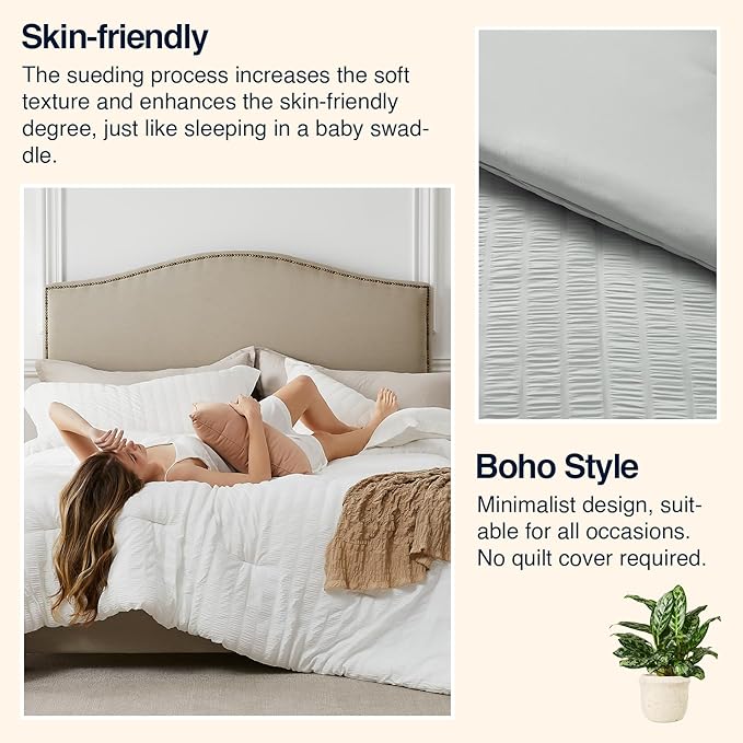 Light Grey Queen Comforter Set - 3 Pieces Seersucker Lightweight Bedding Comforter Sets (1 Soft Fluffy Comforter & 2 Pillowcases) - All Seasons Cozy Modern Bed Sets for Women Men