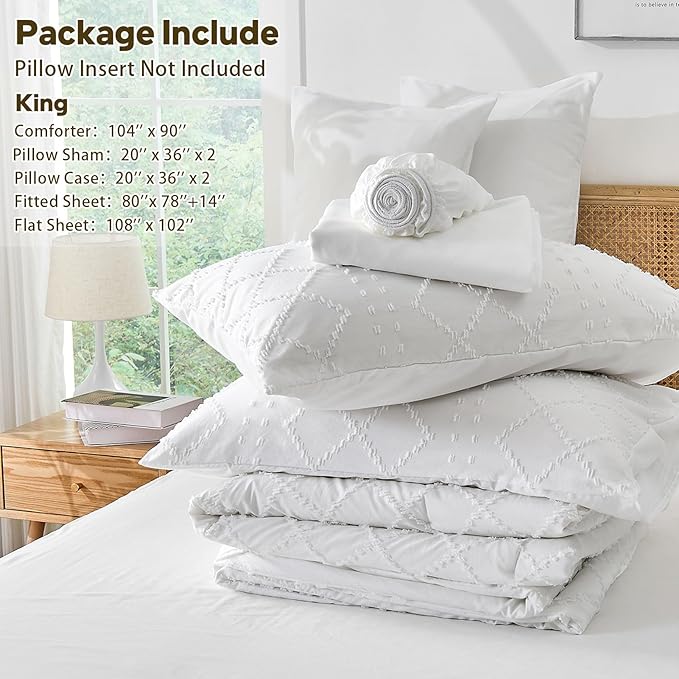 Nesker Boho King Comforter Set - 7 Pcs Tufted Whilt Bedding Sets, Soft Cozy Chic Bed in a Bag, Vintage Shabby Bed Set All Season with Comforter, Fitted Sheet, Flat Sheet & Pillowcases