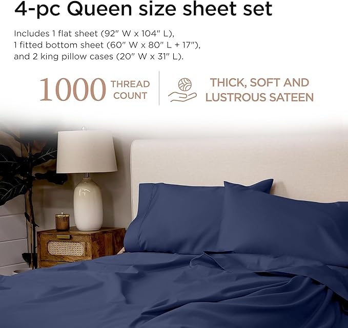 Threadmill Supima Cotton Sheets Queen, 1000 Thread Count Queen Sheets for Queen Mattresses, 4 Piece Luxury Bed Sheets, Sateen Weave Hotel Quality Sheet with Elasticized Deep Pocket, Folkstone Blue