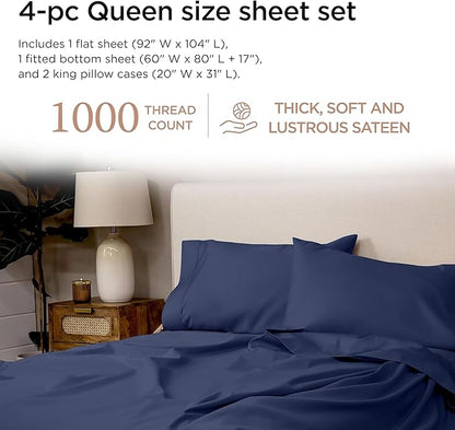 Threadmill Supima Cotton Sheets Queen, 1000 Thread Count Queen Sheets for Queen Mattresses, 4 Piece Luxury Bed Sheets, Sateen Weave Hotel Quality Sheet with Elasticized Deep Pocket, Folkstone Blue