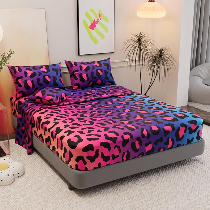 6 Pieces Leopard Print Comforter Sets,3D Purple Pattern,Decorative 6 Piece Bedding Sets with Comforter,Flat Sheet,Fitted Sheet,Throw Pillow Cover,Pillow Shams,Twin Size
