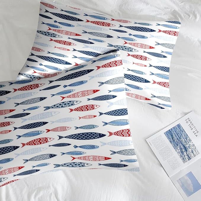 Comforter Set Full Size, Fish Blue Summer 7 Pcs Bedding for Kids and Adults, Sea Cute Ocean Bed Sheet Sets with Fitted Sheet 2 Pillowcases & 2 Shams for Bedroom Bed Decor