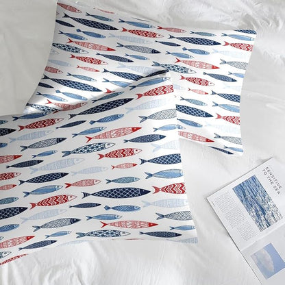 Comforter Set King Size, Fish Blue Summer 7 Pcs Bedding for Kids and Adults, Sea Cute Ocean Bed Sheet Sets with Fitted Sheet 2 Pillowcases & 2 Shams for Bedroom Bed Decor