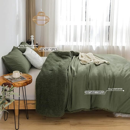 COTTEBED King Comforter Set - Soft Sherpa Down Alternative with Pillowshams, Washable (Olive Green)
