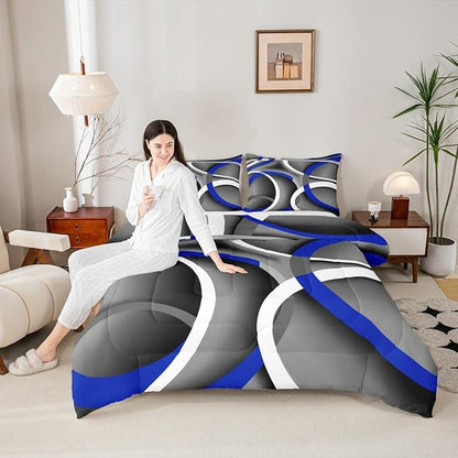 Castle Fairy Circle Comforter Set Twin Size for Boys Kids - Gray Black Blue Swirls Room Decor Abstract Stripes Teens Bedroom Retro Style Bedding Set with 1 Pillow Case - Lightweight Warm Soft