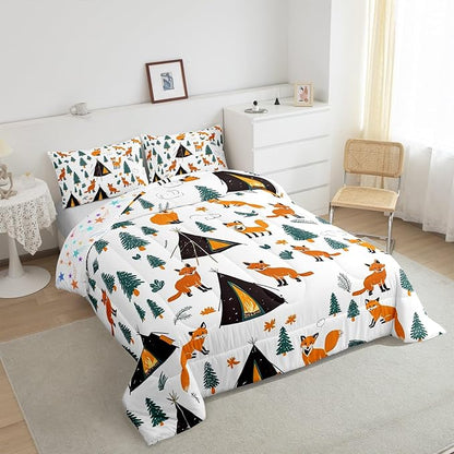 Feelyou Camping Comforter Set King Size Fox Comforter Camper Accessories for Travel Trailers Bedding Set Cute Duvet Set Room Decor Wool White Quilt Set