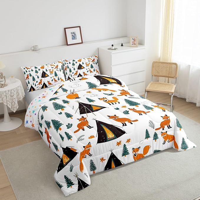 Feelyou Camping Comforter Set Toddler Size Fox Comforter Camper Accessories for Travel Trailers Bedding Set Cute Duvet Set Room Decor Wool White Quilt Set