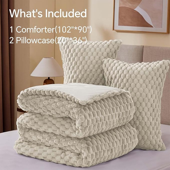 BEDELITE Fluffy King Size Comforter Set - Linen Fleece Soft Comforter for King Size Bed, Luxury Warm Bedding Set for Winter, Fuzzy Bed Set 3 Pieces (1 Comforter, 2 Pillowcases)