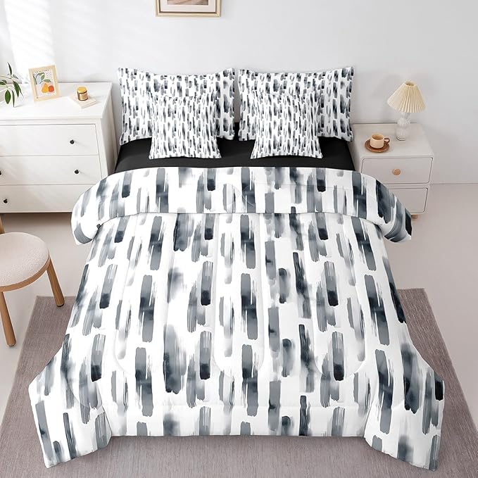 Erosebridal 7Pcs Black and White Twin Size Comforter Set,Gray Art Abstract Striped Bed in A Bag for Women Men Adults,Boho Graffiti Watercolor Modern Bedding with Bed Sheets,Geometric Quilt Set