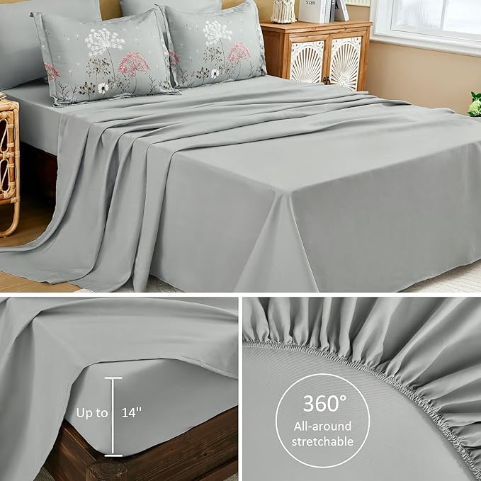 Yiran Grey Floral Comforter Set King Size, 7 Piece Spring Dandelion Plant Botanical Comforter Bedding Set, Bed in a Bag King, Soft Microfiber Complete Bedding Set with Sheets for All Season