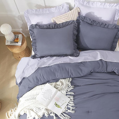 Andency Dark Blue Grey Comforters Queen Size, 3 Pieces Solid Shabby Chic Farmhouse Bedding Comforters & Sets, Lightweight Fluffy All Season Soft Down Alternative Bed Set for Women Men