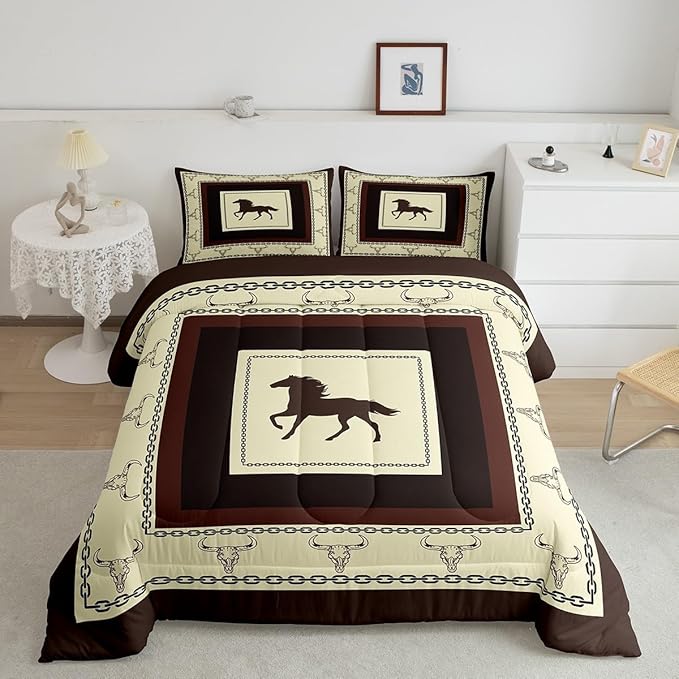 Feelyou Horse Comforter Set for Girls Boys Kids Twin Size Western Decor Comforter Room Decorative Wild Western Cowboy Longhorn Skull Rodeo Cowboy Style Bedding Set Brown Duvet Set 2Pcs Quilt Set
