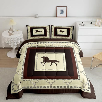 Feelyou Horse Comforter Set for Girls Boys Kids Twin Size Western Decor Comforter Room Decorative Wild Western Cowboy Longhorn Skull Rodeo Cowboy Style Bedding Set Brown Duvet Set 2Pcs Quilt Set