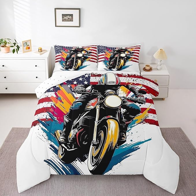 Feelyou Dirt Bike Comforter Set Queen Size American Flag Comforter Extreme Sports Bedding Set Racing Motocross Rider Duvet Set Room Decor White Quilt Set
