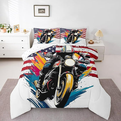 Feelyou Dirt Bike Comforter Set King Size American Flag Comforter Extreme Sports Bedding Set Racing Motocross Rider Duvet Set Room Decor White Quilt Set
