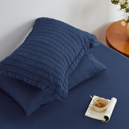 Love's cabin Seersucker Dark Blue Twin Comforter Set, 5-Piece All Season Lightweight Bed in a Bag Bedding Set with Comforter, Flat Sheet, Fitted Sheet, Pillowcase and Sham | Soft, Breathable, Lightweight