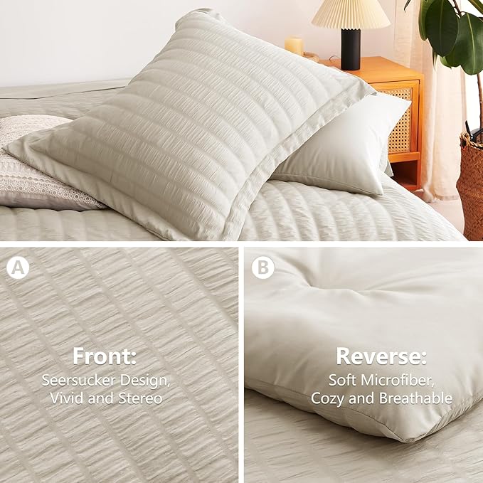 CozyLux King Size Comforter Set Oatmeal Seersucker 7 Pieces Bed in a Bag King Comforter Set with Sheets, Luxury Bedding Set with Down Alternative Comforter, Sheets, Pillowcases & Shams All Seasons