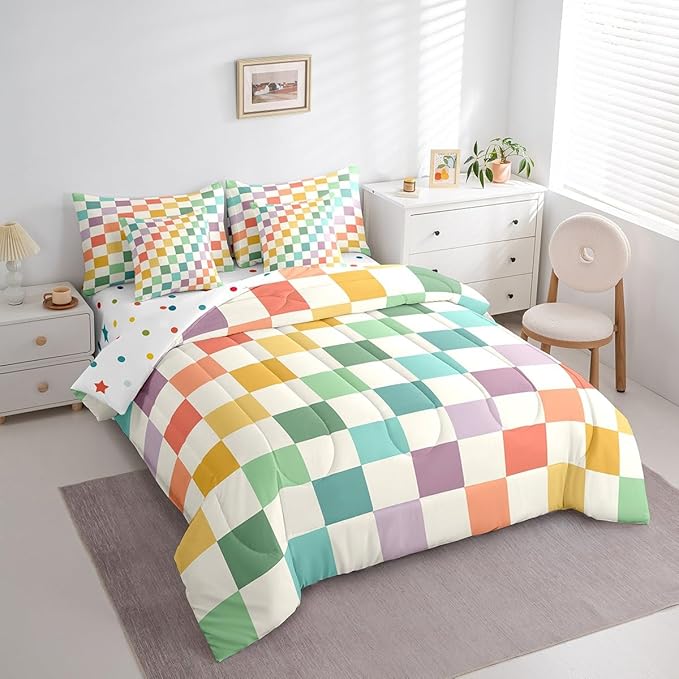 Feelyou Multicolored Checkered Retro 7 Piece Bedding Set Kids Boys Geometric Vintage Comforter Set with Sheets King Size Green Yellow Colorful Bed in a Bag Modern Simple Groovy Aesthetic Room Decor