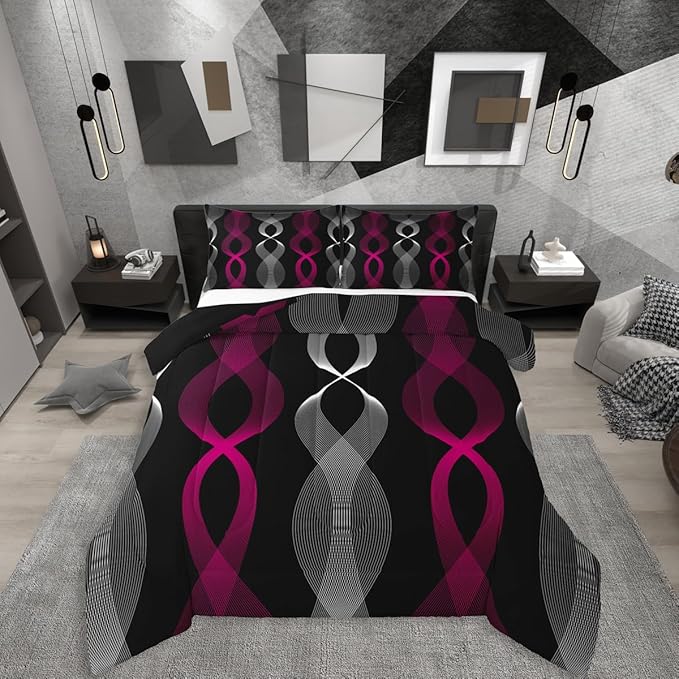 Erosebridal Girls Fuchsia and Black Abstract King Comforter Set, Fuchsia Striped Bedding Set for Women Teens Bedroom, Contemporary Boho Modern Art Comforter, Geometric Stripes Aesthetic Line Quilt