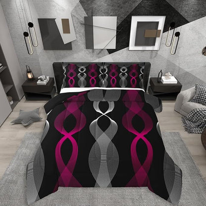 Erosebridal Girls Fuchsia and Black Abstract Queen Comforter Set, Fuchsia Striped Bedding Set for Women Teens Bedroom, Contemporary Boho Modern Art Comforter, Geometric Stripes Aesthetic Line Quilt