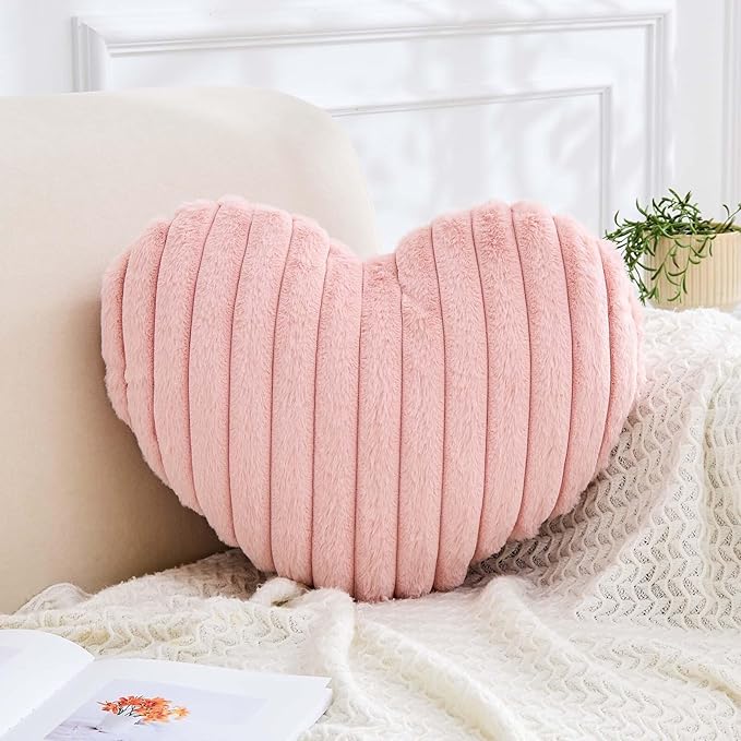 Heart Pillows Heart Decorative Pillow Soft Fluffy Heart Shaped Dusty Pink Throw Pillows with Faux Rabbit Fur Aesthetic Room Decor Cute Pillow for Valentines Mother's Day