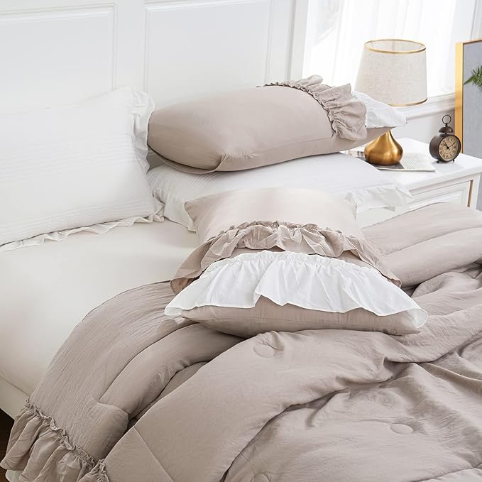Bedding_Dreamer Boho Comforter Set Queen Size Farmhouse Comforter Shabby Chic 2 Layers Ruffles Decor Ultra Soft Washed Microfiber Taupe Bed Comforter Set 1 Comforter 2 Pillowcases (Taupe, Queen)…