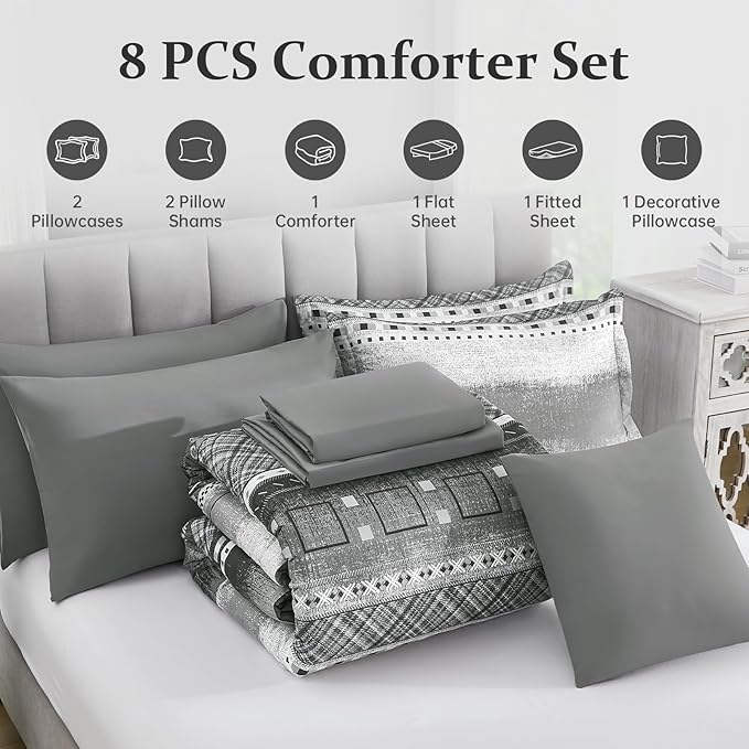 WONGS BEDDING 8 Piece Queen Size Comforter Set, Texture Striped Bed in a Bag Grey Comforter and Sheet Set, Boho Lightweight Microfiber Bedding Set for All Season (90"×90")