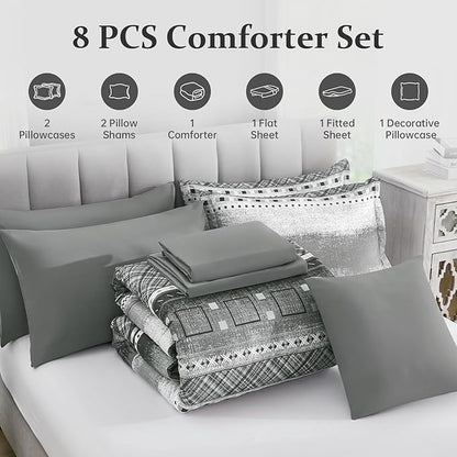 WONGS BEDDING 8 Piece King Size Comforter Set, Texture Striped Bed in a Bag Grey Comforter and Sheet Set, Boho Lightweight Microfiber Bedding Set for All Season (90"×104")
