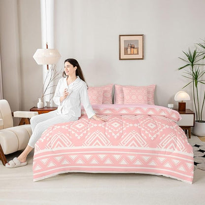 Erosebridal Pink Southwestern Bedding Set Twin Exotic Tribal Aztec Comforter Set 7 Piece Western Geometric Bohemian Bed in A Bag for Women Rustic Ethnic Nordic Style Quilt with Flat Fitted Sheet