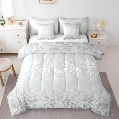 Erosebridal Gothic Damask Comforter Set 7 Piece Bed in a Bag Twin,Butterfly Skull Bedding Sets Silver White Victorian Floral Goth Sheet Set with Comforter