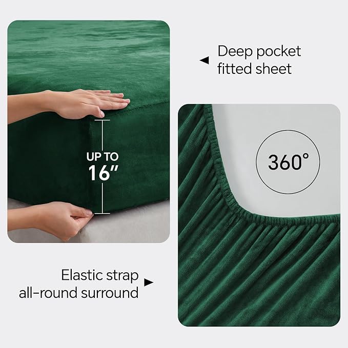BEDELITE Flannel Sheets King Size Dark Green - Super Soft Fleece Sheets Set Fluffy Extra Plush, 4 Piece(Include Fitted Sheet, Flat Sheet, 2 Pillowcases)