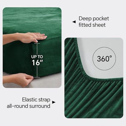 BEDELITE Flannel Sheets King Size Dark Green - Super Soft Fleece Sheets Set Fluffy Extra Plush, 4 Piece(Include Fitted Sheet, Flat Sheet, 2 Pillowcases)